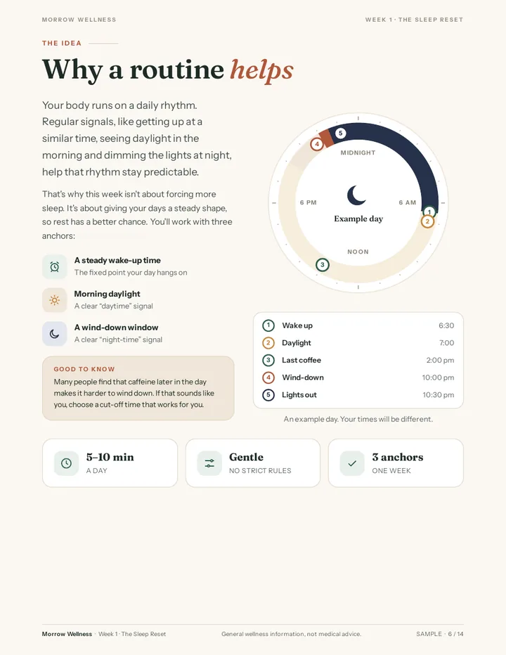 Sample playbook page: why a routine helps, with a 24-hour diagram